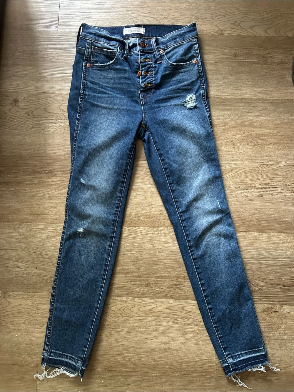 Madewell 10" High-Rise Skinny Jeans Drop-Hem Button Fly Distressed size 25 0372